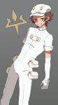  1boy aether_foundation_employee bangs brown_hair elbow_gloves gloves grey_background grey_eyes hat highres male_focus mirimoru pokemon pokemon_(game) pokemon_sm pouch shaded_face short_hair short_sleeves simple_background smirk solo white_gloves white_hat 