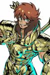  1boy armor blue_eyes brown_hair clenched_hand cowboy_shot fingerless_gloves gloves gold_armor gold_saint grin hand_on_own_chest highres libra_dohko long_hair looking_at_viewer male_focus mullet saint_seiya simple_background smile solo thick_eyebrows torawar white_background 
