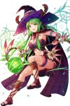  1girl :d alternate_costume antlers armpits ball bangs blush breasts bridal_gauntlets cape cleavage collarbone fang feathers flower from_side full_body green_eyes green_hair hair_tubes hat highres large_breasts long_hair looking_at_viewer looking_to_the_side matching_hair/eyes midriff natsumoka navel open_mouth pointy_ears shanti_(soccer_spirits) sidelocks smile soccer_ball soccer_spirits solo staff stomach witch_hat 