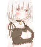  1girl :&lt; bare_shoulders bell bell_choker black_bra blush bra breasts cat_cutout cat_lingerie choker cleavage cleavage_cutout collarbone frilled_bra frills hiro_(hirohiro31) jingle_bell large_breasts original red_eyes short_hair simple_background solo underwear white_background white_hair 