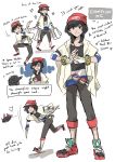  1boy androgynous bag beanie capri_pants character_sheet dc9spot english female_protagonist_(pokemon_sm) fingerless_gloves fusion gloves grey_hair hat highres long_hair male_focus male_protagonist_(pokemon_sm) master_ball older pants poke_ball pokemon pokemon_(creature) pokemon_(game) pokemon_sm pyukumuku shirt shopping_bag simple_background solo striped striped_shirt sunglasses ultra_ball white_background z-ring 