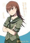  1girl blush brown_eyes brown_hair commentary_request crossed_arms gogiga_gagagigo highres kantai_collection long_hair looking_at_viewer one_eye_closed ooi_(kantai_collection) school_uniform serafuku solo tearing_up translation_request twitter_username 