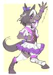  1girl animal_ears bow brown_footwear brown_hair ear_bow full_body furrification furry highres horse_ears horse_tail jacket multicolored_hair outside_border pleated_skirt purple_bow shoes short_hair skirt solo tail takatsuki_nato thigh-highs translated two-tone_hair umamusume waving white_hair yellow_background 