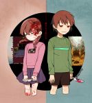  1boy 1girl arms_at_sides bad_end blood blood_on_face bloody_hair bloody_hands bloody_weapon braid brown_hair brown_shorts chara_(undertale) checkered closed_eyes closed_mouth cropped_legs crossover green_sweater hair_tie holding holding_knife holding_weapon knife long_hair long_sleeves madotsuki miniskirt no_pupils pale_skin penguin_haro pink_sweater pleated_skirt purple_skirt red_eyes short_hair shorts skirt smile spoilers sweater trait_connection translation_request twin_braids twintails two-tone_background undertale weapon yume_nikki 