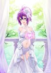  1girl artist_name bare_shoulders curtains detached_sleeves dress embarrassed hair_ornament heart heart_hands high_ponytail looking_away navel open_mouth potato_(sksnabi) purple_hair railing see-through short_hair sleeveless solo standing thigh-highs tree violet_eyes white_dress white_legwear 