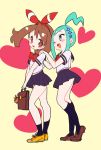  2girls bag blue_eyes blue_hair blush brown_hair chorimokki female flat_color hair_ornament hair_ribbon haruka_(pokemon) haruka_(pokemon)_(remake) headband lucia_(pokemon) multiple_girls open_mouth pleated_skirt pokemon pokemon_(game) ribbon school_uniform skirt smile uniform 