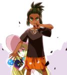  1boy 1girl bangs_pinned_back behind_another black_hair black_shirt blonde_hair cosmog dark_skin dark_skinned_male debris green_eyes green_hair hair_ornament hairclip hat hau_(pokemon) lillie_(pokemon) long_hair pokemon pokemon_(creature) pokemon_(game) pokemon_sm sasairebun serious shirt shorts simple_background smoke sun_hat topknot white_background 