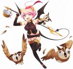  1girl ahoge anywhere_dungeon asphyxiation basket bird black_legwear blue_eyes boots choking demon_girl demon_horns demon_tail demon_wings detached_sleeves fang full_body garter_straps holding holding_weapon horns looking_at_viewer official_art one_eye_closed owl pink_hair polearm short_hair simple_background solo tail thigh-highs thigh_boots trident weapon white_background wings 