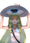  1girl blonde_hair blush braids cosmog dress female green_eyes hat lillie_(pokemon) long_hair mugcup pokemon pokemon_(game) pokemon_sm straight_hair 