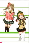  2girls absurdres blush bow brown_eyes brown_hair can fanny_pack floral_print fur_trim gloves hat highres holding koizumi_hanayo long_hair looking_at_viewer love_live! love_live!_school_idol_festival love_live!_school_idol_project minami_kotori multiple_girls official_art scan short_hair shorts simple_background skirt smile thigh-highs violet_eyes white_legwear zettai_ryouiki 