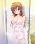  1girl 5240mosu breasts brown_hair cleavage collarbone eyebrows_visible_through_hair hair_between_eyes highres indoors long_hair looking_at_viewer medium_breasts naked_towel natsuiro_koi_uta open_mouth solo steam towel violet_eyes wet wet_hair white_towel 