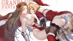  2girls ass bangs bare_shoulders black_gloves black_legwear blonde_hair blue_panties breasts brown_eyes brown_hair cape catalina_(granblue_fantasy) christmas cleavage closed_mouth djeeta_(granblue_fantasy) dress elbow_gloves from_side fur_trim gloves granblue_fantasy greaves hair_intakes hair_ornament hat hews_hack highleg large_breasts long_hair looking_at_viewer looking_to_the_side multiple_girls panties parted_lips puffy_short_sleeves puffy_sleeves red_dress revealing_clothes santa_costume santa_hat short_hair short_sleeves smile thigh-highs thighs underwear 