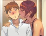  1boy 1girl bare_shoulders blush brown_eyes brown_hair collarbone embarrassed hand_on_shoulder highres homare_(fool&#039;s_art) lips original shiny shiny_skin shirt short_hair 