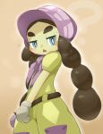  1girl ? black_hair blue_eyes blush brown_background curly_hair gloves haapuu_(pokemon) hat highres long_hair open_mouth pokemon pokemon_(game) pokemon_sm ravinosuke1 solo twintails 