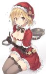  1girl a_(nanananaaannaa) bag bangs belt black_legwear blonde_hair blush breasts brown_eyes cleavage djeeta_(granblue_fantasy) dress eyebrows_visible_through_hair flying_sweatdrops frilled_dress frills fur_trim granblue_fantasy hand_up hat large_breasts legs_together looking_at_viewer open_mouth pointing pointing_up red_dress santa_costume santa_hat simple_background sitting solo star sweatdrop thigh-highs thighs white_background zettai_ryouiki 