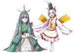  1boy 1girl :d aqua_hair aqua_nails bangs bangs_pinned_back blunt_bangs celesteela closed_eyes closed_mouth conmimi eyebrows_visible_through_hair grey_hair hair_ornament hair_stick hikimayu japanese_clothes kartana kimono lipstick long_hair long_sleeves makeup nail_polish object_on_head open_mouth personification pokemon pokemon_(game) pokemon_sm short_hair simple_background sitting sleeves_past_wrists smile standing standing_on_one_leg very_long_hair white_background white_skin yellow_eyes yellow_lipstick yellow_tongue 