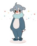  1boy ahoge artist_name black_eyes blue_hair bubble_wand child closed_mouth clown_nose flat_color full_body humanization looking_to_the_side male_focus milkuriem pokemon popplio simple_background solo whisker_markings white_background 