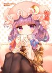  1girl artist_name bangs black_legwear blue_bow blunt_bangs bow commentary_request crescent cup frilled_pillow frills hair_bow hat hat_bow jitome long_hair long_sleeves looking_at_viewer marshmallow_mille mob_cap mug pantyhose patchouli_knowledge pillow plaid_blanket polka_dot polka_dot_background purple_hair red_bow ribbed_sweater sitting solo strap_slip striped striped_bow sweater touhou violet_eyes 