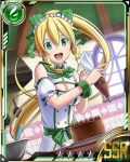  1girl blonde_hair bow breasts cake card_(medium) cleavage cooking food green_bow green_eyes hair_between_eyes hair_bow headdress high_ponytail leafa long_hair looking_at_viewer medium_breasts open_mouth pointy_ears solo star sword_art_online 