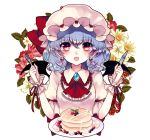  1girl bat_wings blue_hair ginzuki_ringo hat hat_ribbon looking_at_viewer open_mouth puffy_short_sleeves puffy_sleeves red_eyes red_ribbon remilia_scarlet ribbon short_hair short_sleeves solo touhou wings 