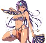  1girl bangs bare_shoulders blush bracelet breasts cleavage cowboy_shot dancer&#039;s_costume_(dq) dragon_quest dragon_quest_iv dual_wielding earrings fan folding_fan groin iga_(nonono_tsuushin) jewelry long_hair looking_at_viewer manya medium_breasts navel necklace parted_lips pelvic_curtain purple_hair smile solo thighlet tiara tsurime violet_eyes white_background 