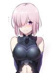  1girl absurdres bare_shoulders blush fate/grand_order fate_(series) flying_sweatdrops highres navel pink_hair shielder_(fate/grand_order) short_hair simple_background solo violet_eyes white_background xiu_jiayihuizi 
