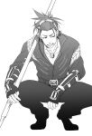  1boy black_hair facial_hair goggles goggles_on_head greyscale grin highres jumpsuit kyoujixxxx looking_to_the_side monochrome nihongou_(touken_ranbu) polearm ponytail smile solo spear squatting stubble touken_ranbu weapon 