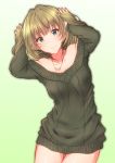  1girl absurdres bare_shoulders blonde_hair blush breasts collarbone eyebrows eyebrows_visible_through_hair eyelashes gradient gradient_background green_background green_eyes highres idolmaster idolmaster_cinderella_girls jewelry keffiy looking_at_viewer medium_breasts mole mole_under_eye naked_sweater necklace smile solo sweater takagaki_kaede twintails 