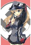  1girl :d adjusting_hair anchor blue_eyes hand_on_own_head hat highres kantai_collection light_brown_hair long_hair looking_at_viewer open_mouth peaked_cap pleated_skirt prinz_eugen_(kantai_collection) sheita side_ponytail skirt smile solo swastika 