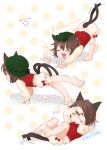  1girl :3 absurdres animal_ears ass bloomers brown_hair cat_ears cat_tail chen comic dated ear_piercing fang female gotoh510 hat highres mob_cap multiple_tails nekomata open_mouth piercing short_hair smile solo stretch tagme tail touhou underwear white_background 