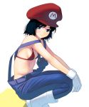  1girl bare_shoulders black_hair blue_eyes blush boots breasts genderswap genderswap_(mtf) gloves hat highres looking_at_viewer mario super_mario_bros. masao nintendo overalls red_bikini_top short_hair sitting skindentation small_breasts smile solo white_boots white_gloves 