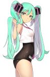  1girl :&lt; aqua_eyes aqua_hair bangs bare_arms bare_shoulders black_swimsuit breasts btraphen character_name closed_mouth copyright_name cowboy_shot crop_top crop_top_overhang eyebrows_visible_through_hair from_side green_eyes hair_cubes hair_ornament hatsune_miku holding holding_hair long_hair looking_at_viewer medium_breasts necktie one-piece_swimsuit sailor_collar school_swimsuit shiny shiny_clothes shiny_hair shiny_skin sidelocks simple_background sleeveless solo swimsuit swimsuit_under_clothes twintails very_long_hair vocaloid white_background 