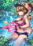  1girl :q baseball_cap blue_n breasts brown_eyes brown_hair denim denim_shorts fingerless_gloves forest gloves hat large_breasts licking_lips looking_at_viewer midriff nature navel official_art outdoors ponytail short_shorts shorts solo thigh-highs tongue tongue_out trickster water water_gun waterfall white_legwear 