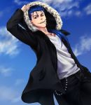  1boy alternate_costume blue_hair cigarette earrings fang fate/stay_night fate_(series) hand_in_pocket highres hood hooded_jacket jacket jewelry kuroguro lancer open_clothes open_jacket ponytail red_eyes shirt solo 