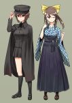  2girls adjusting_clothes adjusting_hat alternate_costume alternate_hairstyle bangs black_cape black_hat black_legwear black_shoes black_skirt blue_shirt blue_skirt boots bow brown_boots brown_eyes brown_hair cape closed_mouth cross-laced_footwear full_body girls_und_panzer grey_background hair_bow hair_up hat hikyakuashibi japanese_clothes kneehighs loafers long_hair long_skirt looking_at_viewer mika_(girls_und_panzer) military military_hat military_uniform miniskirt multiple_girls nishizumi_maho one_eye_closed pleated_skirt shirt shoes short_hair simple_background skirt smile standing uniform yellow_bow 
