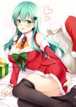  1girl :d aqua_hair ascot bare_shoulders black_legwear blush bow bowtie box breasts christmas cleavage detached_collar detached_sleeves dress fur_trim gift gift_box green_bow green_bowtie green_eyes hair_between_eyes hair_ornament hat hat_removed headwear_removed heart kantai_collection large_breasts long_hair long_sleeves looking_at_viewer open_mouth over-kneehighs red_dress rui_shi_(rayze_ray) sack santa_costume santa_hat short_dress sitting smile solo suzuya_(kantai_collection) thigh-highs 