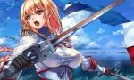  &gt;:d 1girl :d anchor artist_name banner black_gloves blonde_hair blue_background blue_eyes blue_sky braid breasts clouds dated epaulettes erect_nipples eyelashes flag gauntlets gloves heterochromia holding holding_flag holding_weapon icqoo jeanne_d&#039;arc_(zhan_jian_shao_nyu) long_hair looking_to_the_side machinery medal ocean open_mouth outdoors red_eyes shirt sky smile solo sword teeth upper_body water weapon white_shirt zhan_jian_shao_nyu 