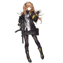  armband belt black_gloves black_jacket black_skirt fingerless_gloves girls_frontline gloves gun h&amp;k_ump9 hair_ornament heckler_&amp;_koch holding holding_gun holding_weapon jacket knee_pads looking_at_viewer official_art ribbon skirt solo standing strap suppressor thigh-highs transparent_background trigger_discipline ump9_(girls_frontline) weapon 