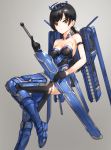  1girl armband armor armpits bangs bare_shoulders black_gloves black_hair black_legwear breasts brown_eyes cleavage crown expressionless female gloves grey_background highres holding holding_sword holding_weapon jetpack kfr knee_up long_hair looking_at_viewer low_twintails mecha_musume medium_breasts original science_fiction serious simple_background solo strapless sword thigh-highs thighs weapon 