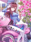  1girl artist_name bangs bodysuit bracer breasts brown_eyes brown_hair bunny_print d.va_(overwatch) eyebrows_visible_through_hair facepaint facial_mark flower food gloves headphones high_collar holding holding_food ice_cream_cone ivy leafyanna long_hair looking_at_viewer medium_breasts meka_(overwatch) open_mouth outdoors overwatch pilot_suit plant ribbed_bodysuit shoulder_pads signature sitting sitting_on_object skin_tight smile solo swept_bangs vines whisker_markings white_gloves 