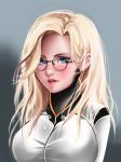  1girl alternate_hairstyle arms_behind_back bespectacled blonde_hair blue_eyes blush bodysuit breasts eyelashes eyeliner gimgugnae glasses gradient gradient_background grey_background hair_down highres light_smile lips lipstick long_hair looking_at_viewer makeup medium_breasts mercy_(overwatch) no_headwear no_wings nose overwatch parted_lips pink_lipstick portrait solo 