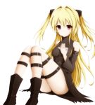  1girl black_dress blonde_hair brown_eyes cleavage_cutout detached_sleeves dress eyebrows_visible_through_hair hand_over_heart kaieee konjiki_no_yami long_hair looking_at_viewer simple_background sitting solo star_cutout thigh_strap to_love-ru to_love-ru_darkness two_side_up white_background 