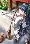  1girl animal blue_eyes blue_hair broom cat from_above hair_between_eyes hakama high_ponytail houshou_(kantai_collection) japanese_clothes kantai_collection kappougi light_smile lips long_hair looking_at_viewer outdoors perspective plant ponytail road standing street sweeping wooden_wall yuzu_momo 