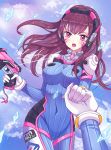  1girl artist_name bangs blue_sky bodysuit bracer breasts brown_eyes brown_hair bunny_print clothes_writing clouds covered_navel cowboy_shot d.va_(overwatch) facepaint facial_mark fang finger_on_trigger gloves gun hand_holding handgun headphones high_collar leafyanna long_hair looking_at_viewer medium_breasts outdoors overwatch pilot_suit pistol pov ribbed_bodysuit shoulder_pads signature skin_tight sky smile solo swept_bangs thigh_gap weapon whisker_markings white_gloves 