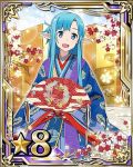  1girl asuna_(sao-alo) blue_eyes blue_hair fan japanese_clothes kimono kneeling long_hair looking_at_viewer number open_mouth pointy_ears solo star sword_art_online yukata 