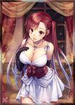  1girl artist_request black_gloves black_ribbon breasts brown_eyes cleavage collarbone dress gloves hair_ribbon indoors large_breasts leaning_forward long_hair lowres multicolored_hair necktie one_side_up open_mouth redhead ribbon riela_marcellis senjou_no_valkyria senjou_no_valkyria_3 silver_hair solo two-tone_hair white_dress window 