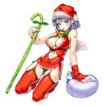  1girl :o blue_eyes blue_hair breasts cane detached_sleeves earrings food garter_straps gluteal_fold hat jewelry matching_hair/eyes panties popsicle santa_hat solo takada_kazuhiro tattoo thigh-highs underwear 