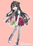  1girl :d black_hair blush boots bouquet bow bowtie commentary_request cross-laced_footwear fang flower full_body gradient_eyes grey_legwear hair_bun kantai_collection lace-up_boots long_hair long_sleeves multicolored_eyes multicolored_hair naganami_(kantai_collection) nagasioo open_mouth pantyhose pink_background pink_hair school_uniform smile solo twitter_username two-tone_hair violet_eyes yellow_eyes 