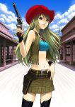  1girl bandeau belt blonde_hair blue_eyes cowboy_hat fringe gun handgun hat highres long_hair lotz midriff original remastered revolver smile solo strapless tubetop vest weapon western 