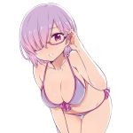  1girl bikini blush breasts chan_co cleavage collarbone fate/grand_order fate_(series) glasses hair_over_one_eye large_breasts leaning_forward looking_at_viewer navel open_mouth purple-framed_eyewear purple_hair semi-rimless_glasses shielder_(fate/grand_order) short_hair simple_background smile solo swimsuit thigh_gap violet_eyes white_background 